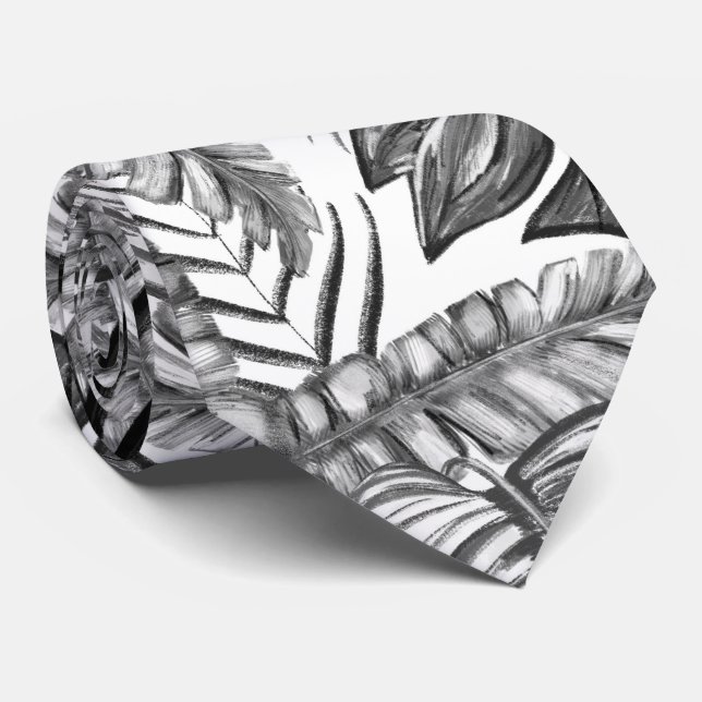 Cravate Feuilles de jungle noir et blanc motif, thème natu (Roulé)