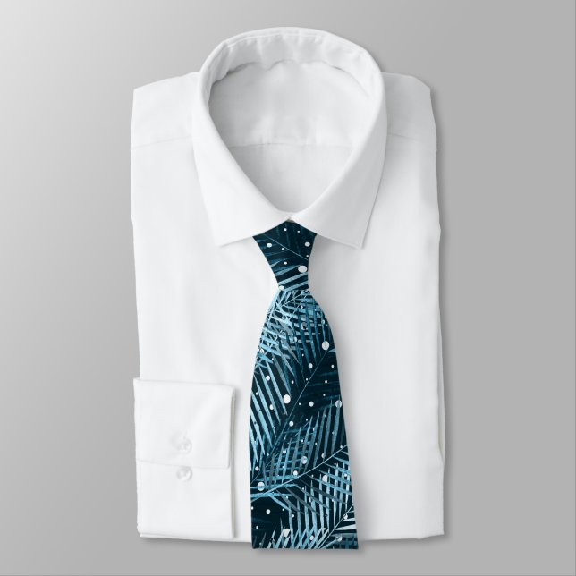 Cravate Feuilles de palme sur bleu avec pois blancs. (Attaché)