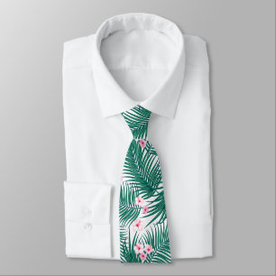 Cravate Feuilles de palmiers tropicaux verts avec fleurs d
