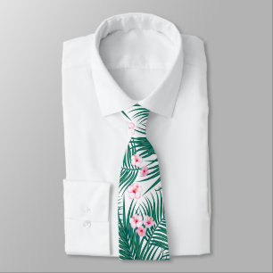 Cravate Feuilles de palmiers tropicaux verts avec fleurs d