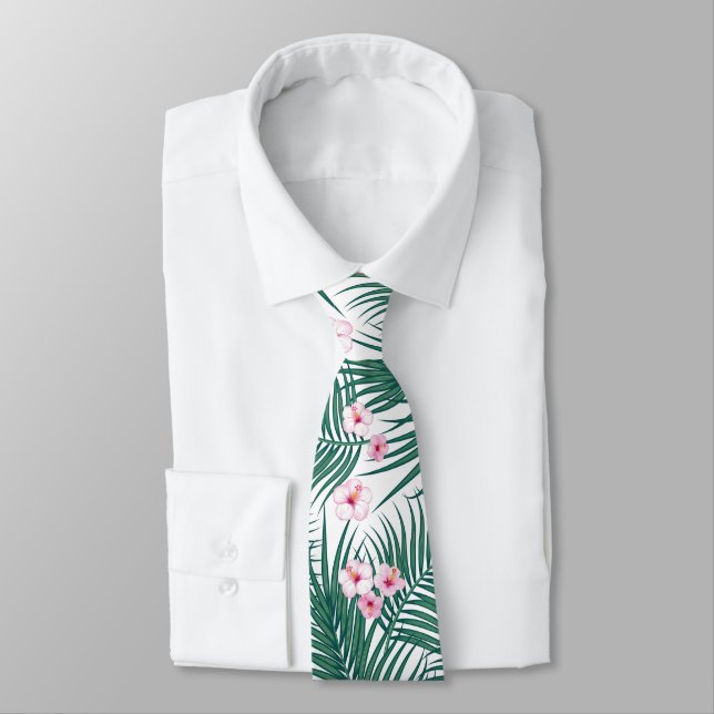 Cravate Feuilles de palmiers tropicaux verts avec fleurs d (Attaché)
