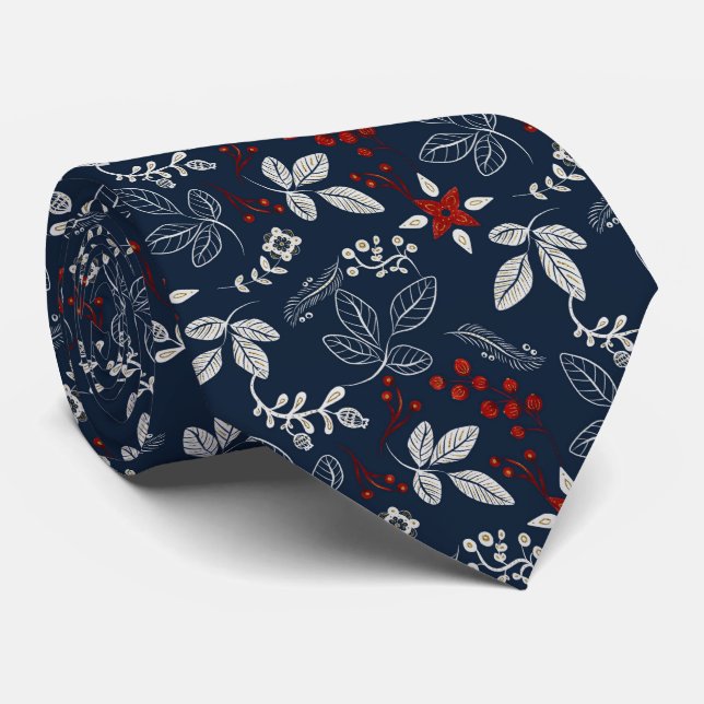 Cravate Feuilles et baies de la Marine et de la Rouge (Roulé)