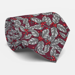 Cravate Feuilles gris sur rouge foncé