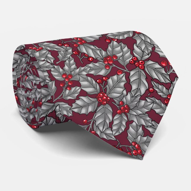 Cravate Feuilles gris sur rouge foncé (Roulé)