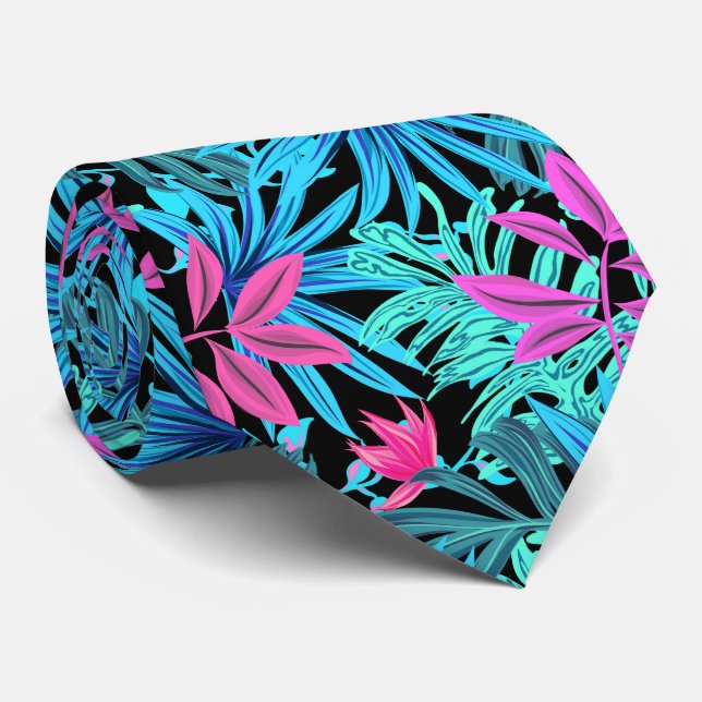 Cravate Feuilles tropicaux bleu, rose et vert (Roulé)