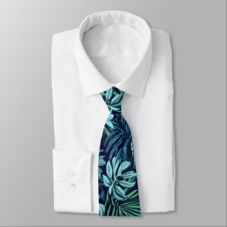 Cravate Feuilles tropicaux et fleurs bleu vert