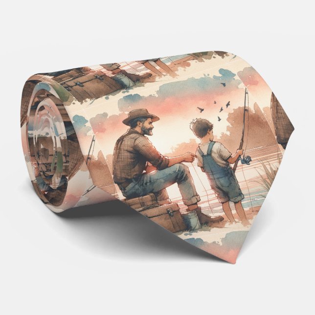 Cravate Fils et père Pêche Aquarelle Design (Roulé)
