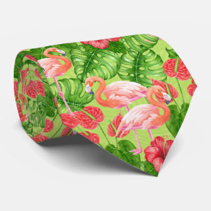 Cravate Flamant rose et plantes tropicaux