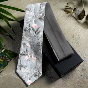 Cravate Flamant rose Orchidée Tropical Motif Grey ID868