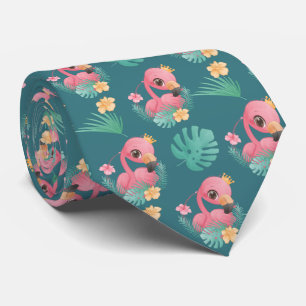 Cravate Flamants roses Roses En Feuille Tropical Vert
