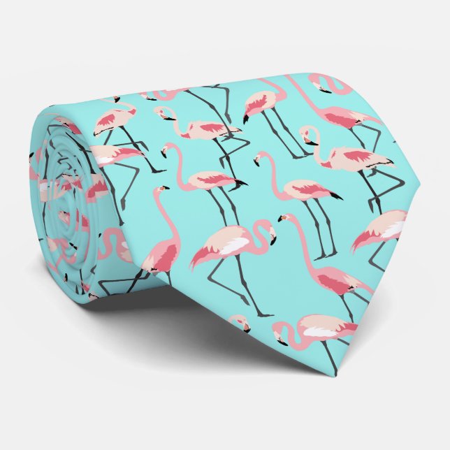Cravate Flamants roses roses sur Aqua Blue (Roulé)