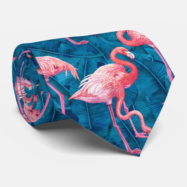 Cravate Flamants roses sur feuilles de bananes bleues (Roulé)