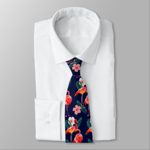 Cravate Flamingo rose orange sur bleu marine