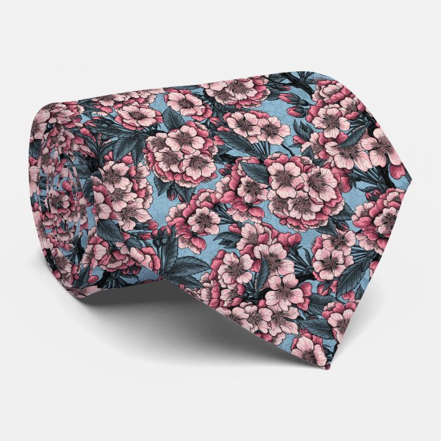 Cravate Fleur de cerisier rose et bleu (Roulé)