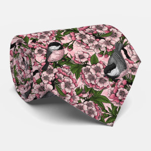 Cravate Fleur de cerisiers et poulets roses