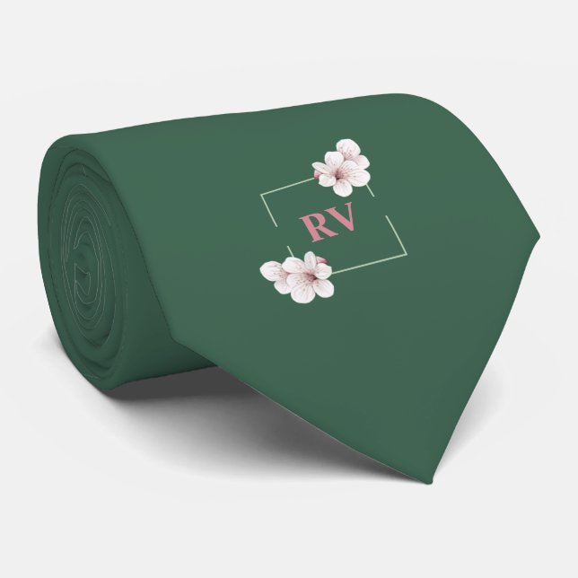 Cravate Fleur de cerisiers sauvages Monogrammes verts (Roulé)