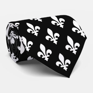 Cravate Fleur de Lis Motif, Royal French, Blanc sur Noir