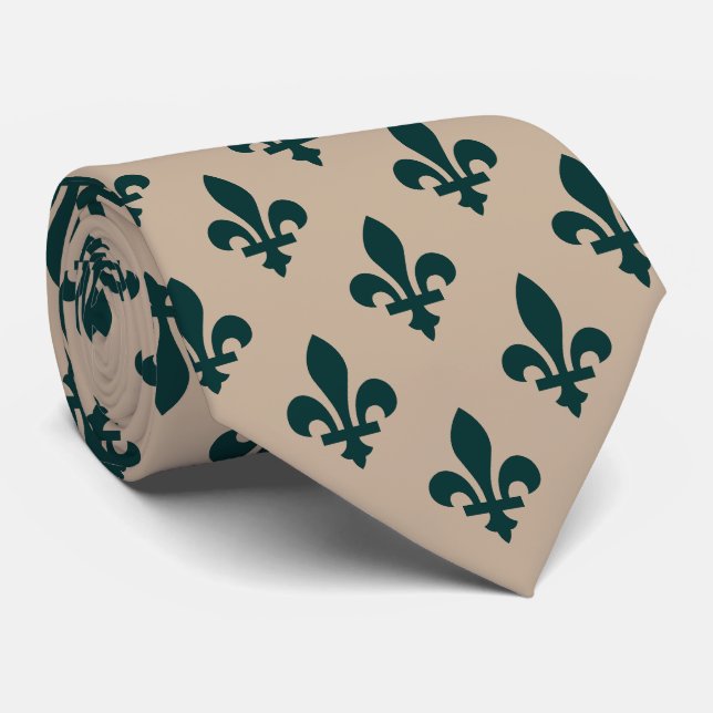 Cravate Fleur de Lis Motif, Royal French Green on Cream (Roulé)