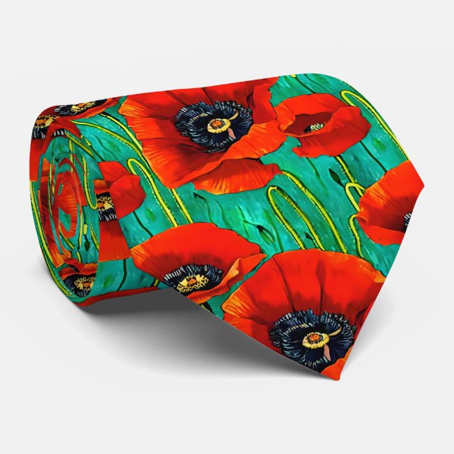 Cravate Fleur de pavot sans couture motif rouge vert flora (Roulé)