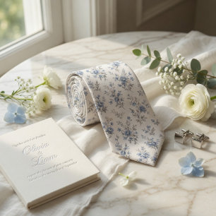 Cravate Fleur de style aquarelle bleu poussiéreux vintage