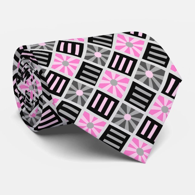 Cravate Fleur diamant Gray géométrique et rose à deux côté (Roulé)