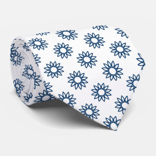 Cravate Fleur géométrique 01 - Bleu Shibori sur blanc