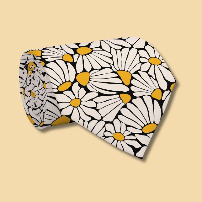 Cravate Fleur retro moutarde jaune crème noir (Retro floral daisy dream tie)