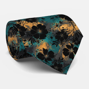 Cravate Fleur silhouettée noire gras avec sarcelle et mout
