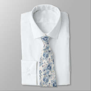 Cravate Fleurs à l'aquarelle Roses Navy Bleu Poussiéreux