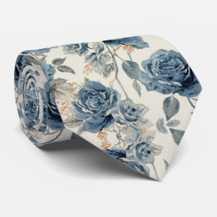Cravate Fleurs à l'aquarelle Roses Navy Bleu Poussiéreux