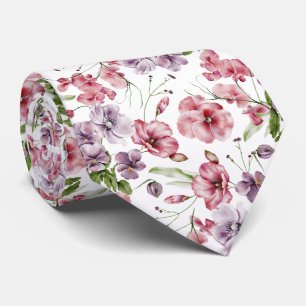 Cravate Fleurs anglaises vintage aquarelle rose