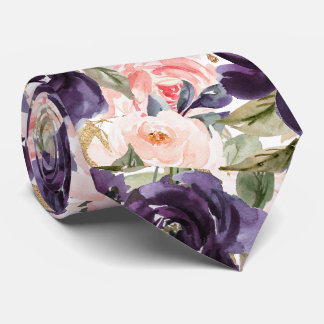 Cravate Fleurs Aquarelle Aubergine Roses Roses Pourpres  