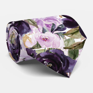 Cravate Fleurs Aquarelle Aubergine Violet Lilas Roses  