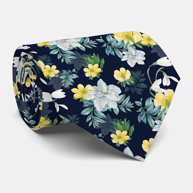 Cravate Fleurs blanches et jaunes Motif floral (Roulé)