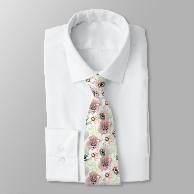Cravate Fleurs blanches, roses. (Attaché)