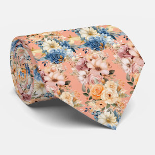 Cravate Fleurs Bleu Navy Poussiéreux et Rose Péché Floral