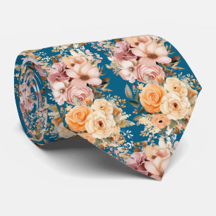 Cravate Fleurs Bleu Navy Poussiéreux et Rose Péché Floral