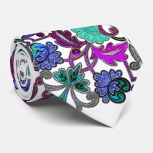 Cravate FLEURS BLEU TURQUOISE VIOLET ,GEMMES Floral blanc