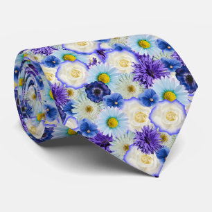 Cravate Fleurs bleues blanches et jaunes Collage floral