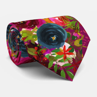 Cravate Fleurs Bordeaux Rose Navy Aquarelle Mariage