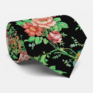 Cravate FLEURS COLORÉES ET FEUILLES FLORAUX SOMBRES Noir