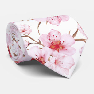 Cravate Fleurs de cerisier à l'aquarelle rose poudré blanc
