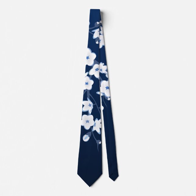 Cravate Fleurs de cerisier en fleurs bleu marine blanc (Devant)