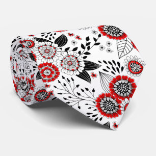 Cravate Fleurs de gribouillis et feuilles en rouge et noir