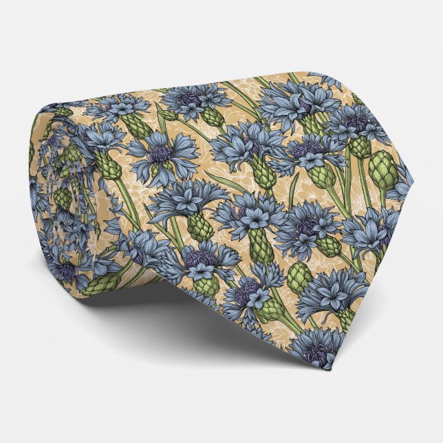 Cravate Fleurs de maïs bleues, fleurs sauvages sur le jaun (Roulé)