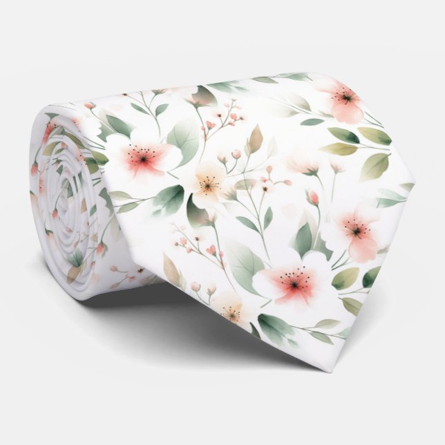 Cravate Fleurs de Pêche Rose Foncé de Sauge Verte Motif (Roulé)