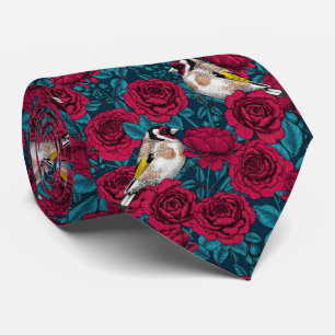 Cravate Fleurs de roses rouges et oiseaux d'or