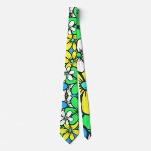 Cravate Fleurs d'été assez brillantes Bleu Jaune et Vert