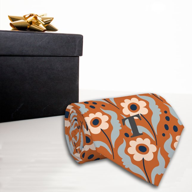 Cravate Fleurs d'oeufs d'orange brûlés Monogramme (Créateur téléchargé)