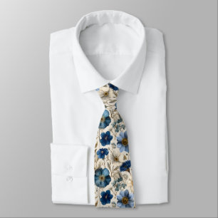 Cravate Fleurs Florales Bleu Et Crème De Printemps